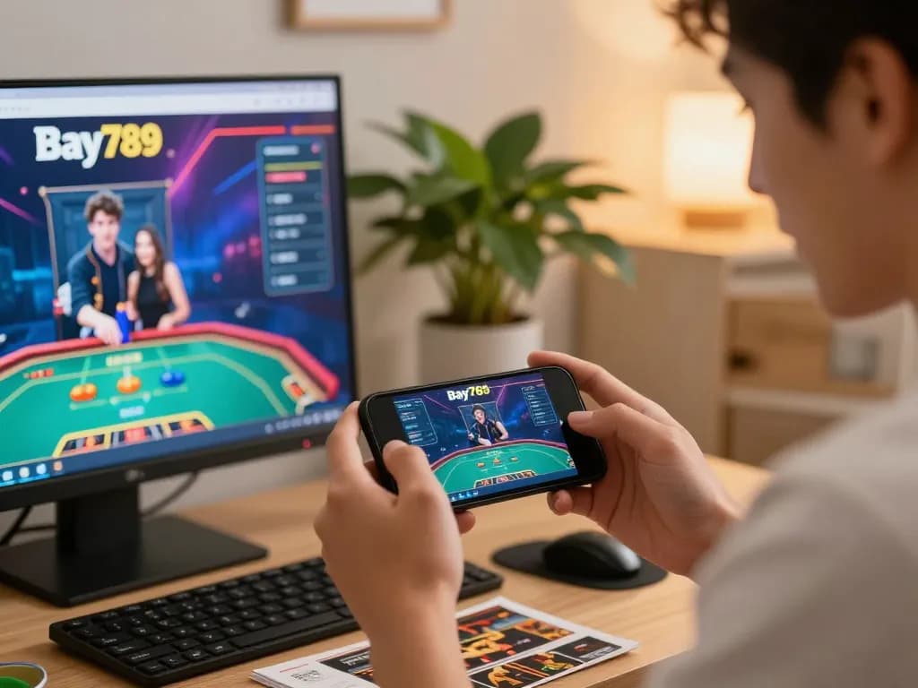 Engaging moment of a player using the Bay789 app to enjoy live dealer gaming at home.