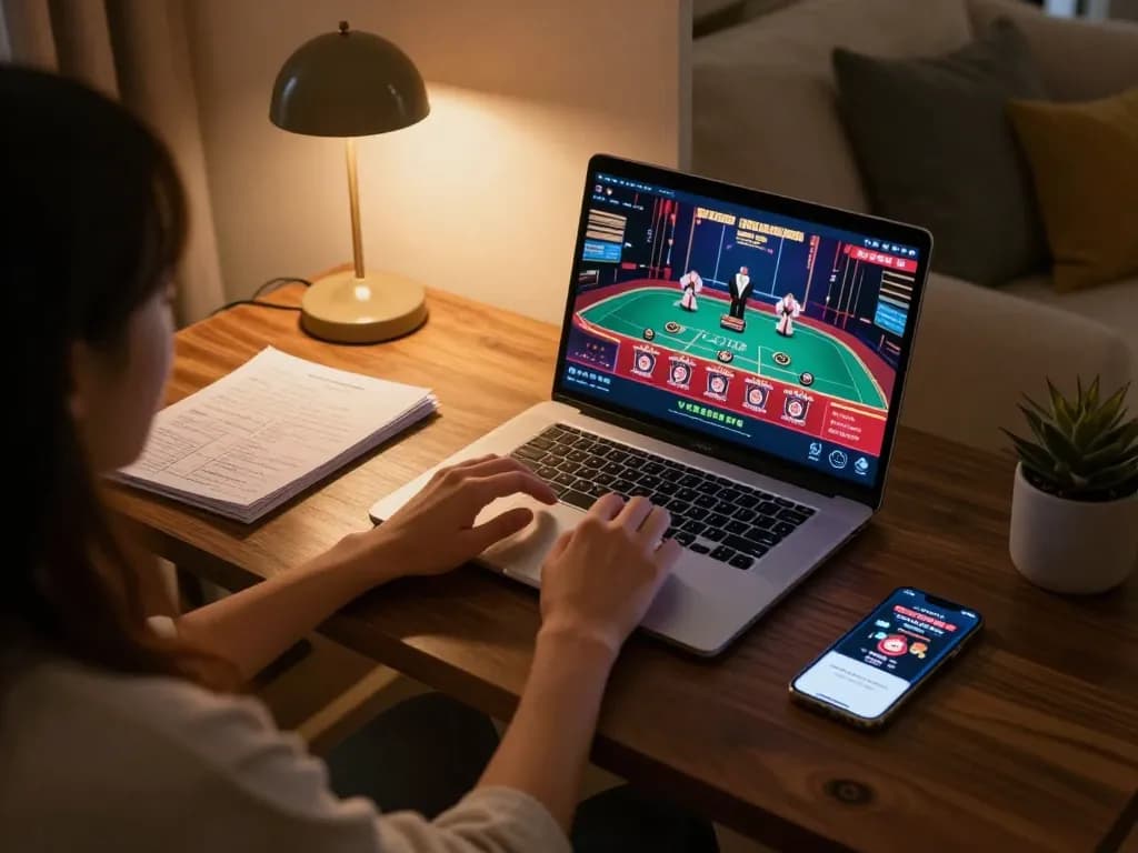 Engage in baccarat online with alc88, featuring a sleek gaming setup at home