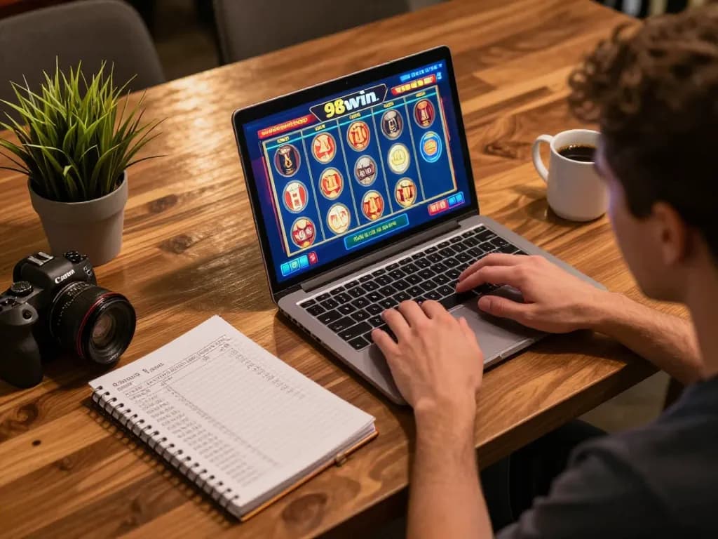 Engaged player strategizing with notes while enjoying 98win com online slots on laptop.