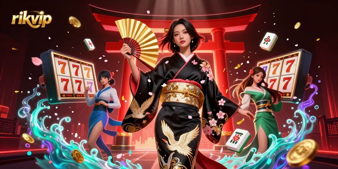Experience the vibrant world of rikvip with a majestic Asian woman amidst dynamic slots and golden luck.