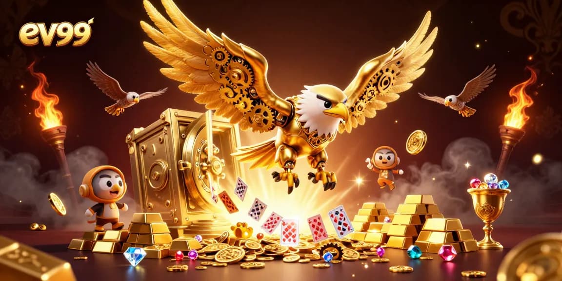Experience the thrill at ev99 with the golden eagle diving through vibrant playing cards.