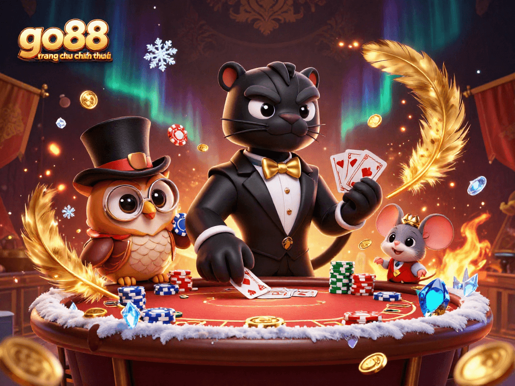 Engaging go88 trang chu chinh thuc scene featuring a panther, owl, and mouse at a poker table.