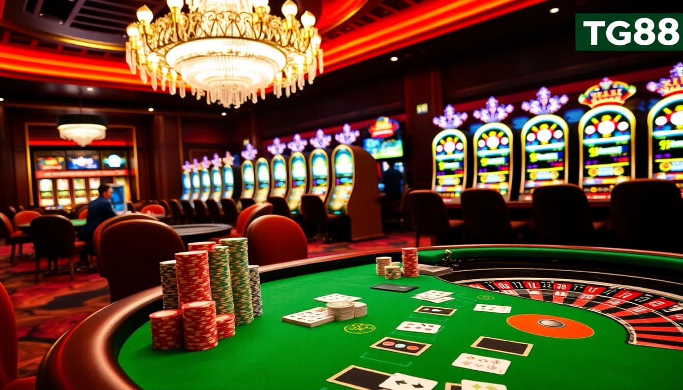 Experience the excitement of TG88 with players at a vibrant casino table, surrounded by chips and cards.