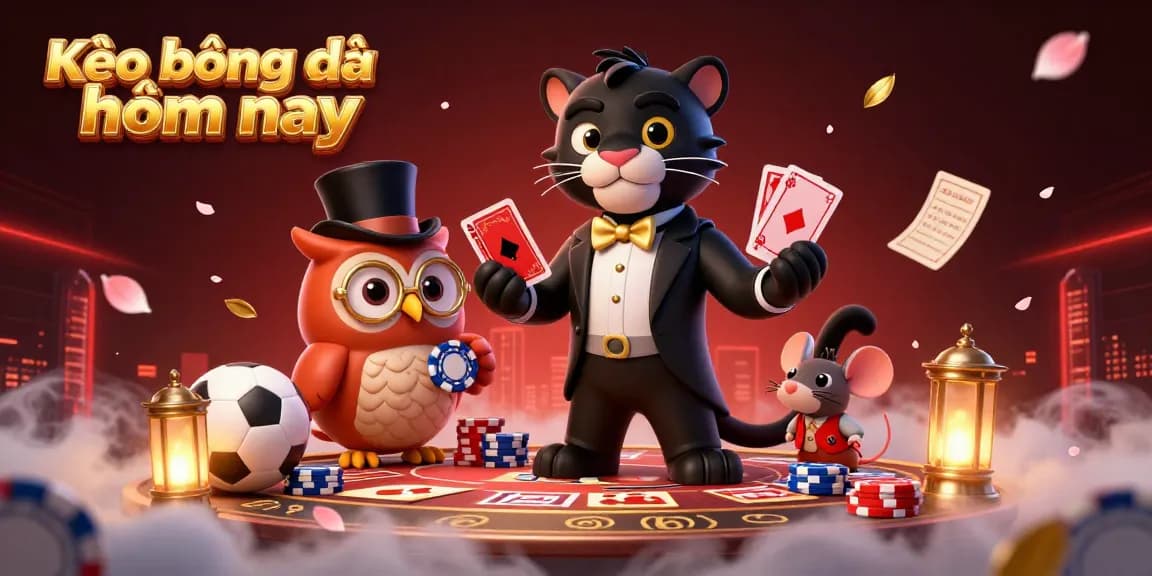 Kèo bóng đá hôm nay showcases a stylish panther dealing cards amidst vibrant sports betting elements, conveying excitement and strategy.
