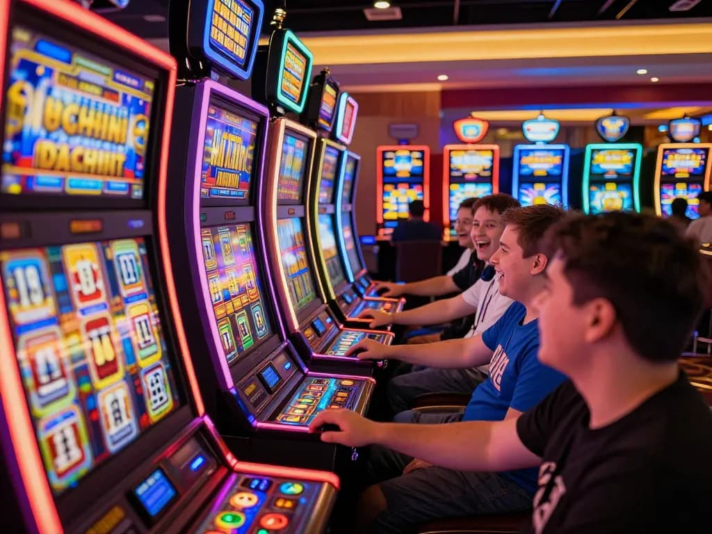 Players enjoying the excitement of slot machines at XX88 casino, vibrant gaming atmosphere captured.