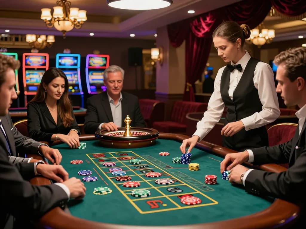 km777 players enjoying a thrilling roulette game with vibrant chips and smooth croupier