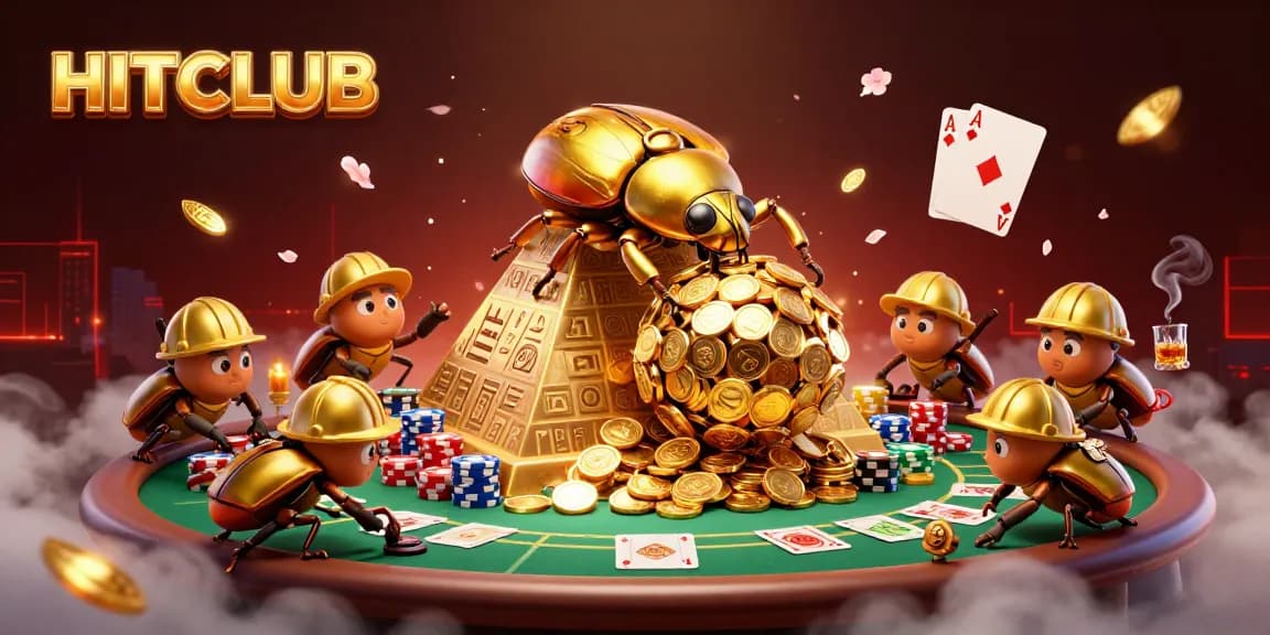 Experience thrilling gaming excitement with HITCLUB as colorful chips and golden coins surround playful beetles.