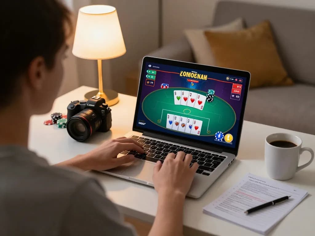 Jamsosindonesia player enjoying online poker game with strategy notes at home desk