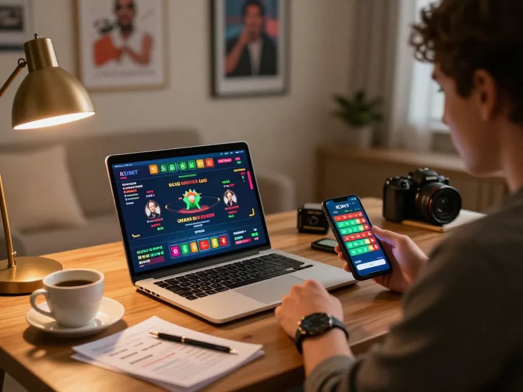 KUBET online player strategizing with laptop and mobile app in stylish modern setting.