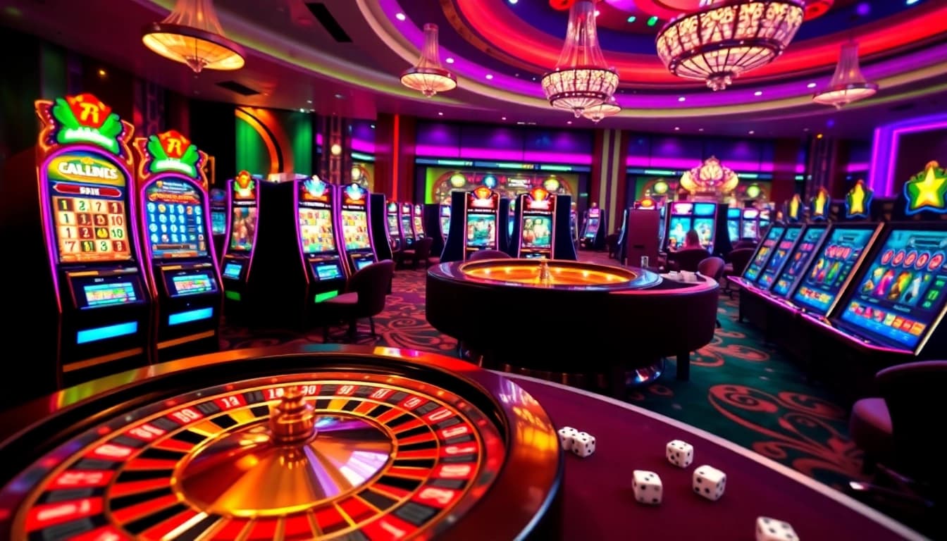 Players enjoying vibrant slot games at https://l567.tech/ with colorful lights and poker chips.
