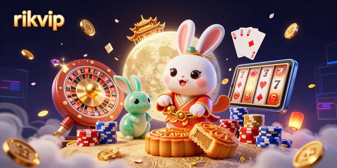 Play with rikvip's exciting games as a moon rabbit reveals poker chips from golden mooncakes.