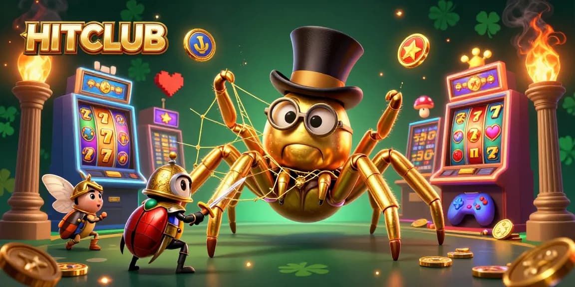 Join the adventure at HITCLUB with golden tarantula and beetle knight in a vibrant casino scene.