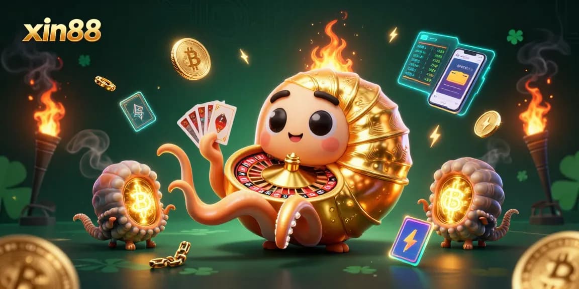Experience high-energy gambling with xin88 through vibrant 3D illustrations showcasing crypto and casino elements.