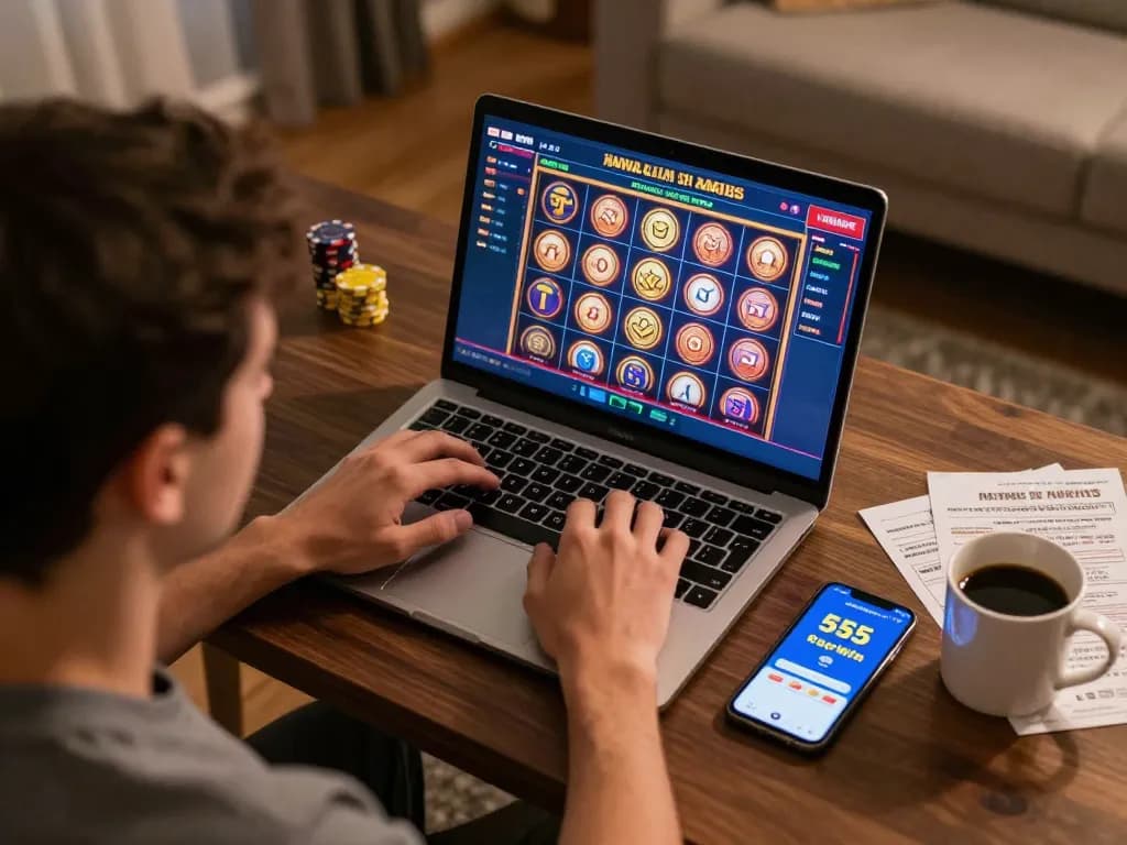 Engaging with the 555win online gaming platform while strategizing betting moves in a cozy setting