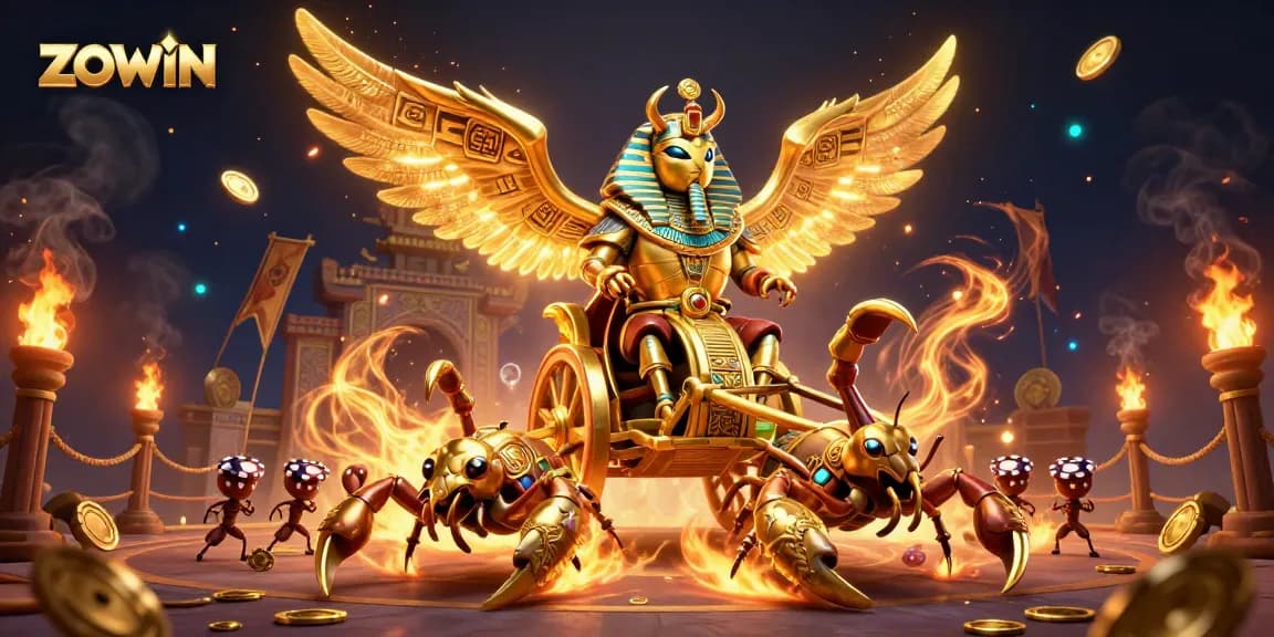 ZOWIN features a dynamic casino scene with beetles, scorpions, and poker chips, showcasing excitement.