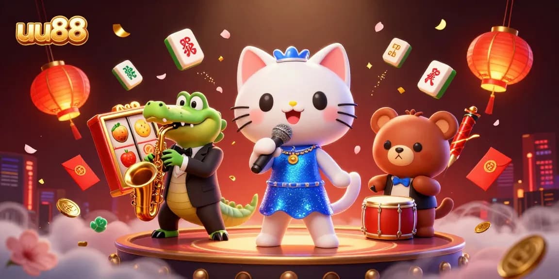 Experience the thrill of uu88 gaming with animated characters and casino elements in a vibrant illustration.