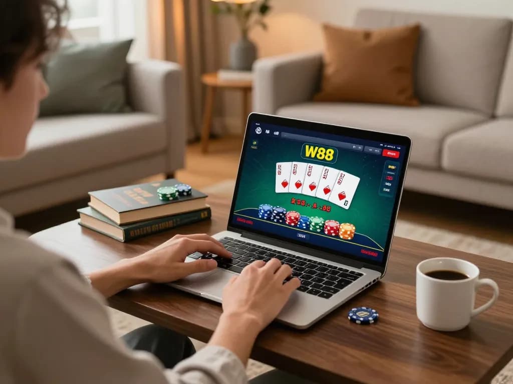 Person playing W88 poker online from home, displaying chips and cards on laptop screen.