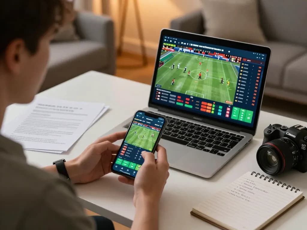 Engaging in live sports betting with 789F on smartphone and laptop, showcasing real-time stats