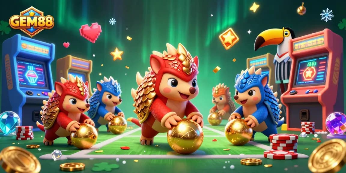 Experience GEM88 action with rival pangolins bowling through poker chips in an exciting casino setting.