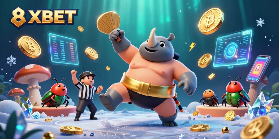 Experience the thrill of 8XBET with a dynamic clash of cartoon champions and glowing crypto coins.
