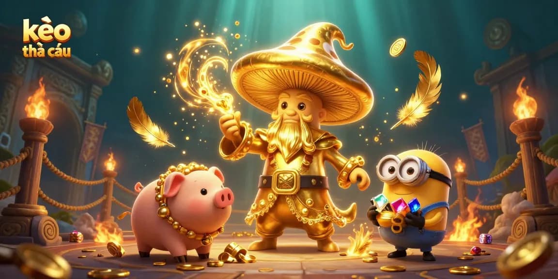 Explore kèo nhà cái magic with a golden wizard amidst treasure hunters and mystical elements.