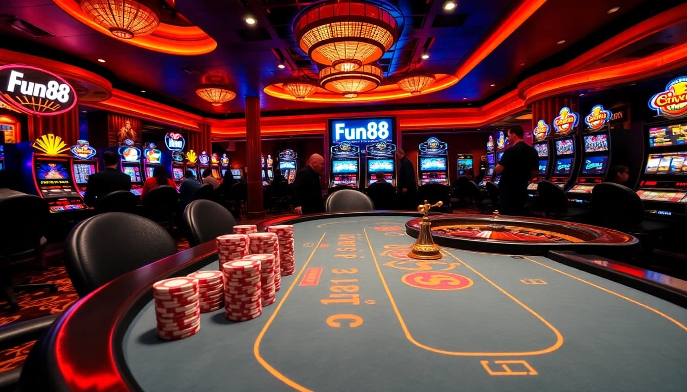 Experience thrilling gameplay at Fun88 แท้'s vibrant casino with poker chips and roulette wheel.