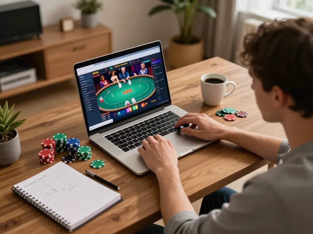 Engaging gaming session at home using ai88bet, showcasing an online poker setup with strategy notes.
