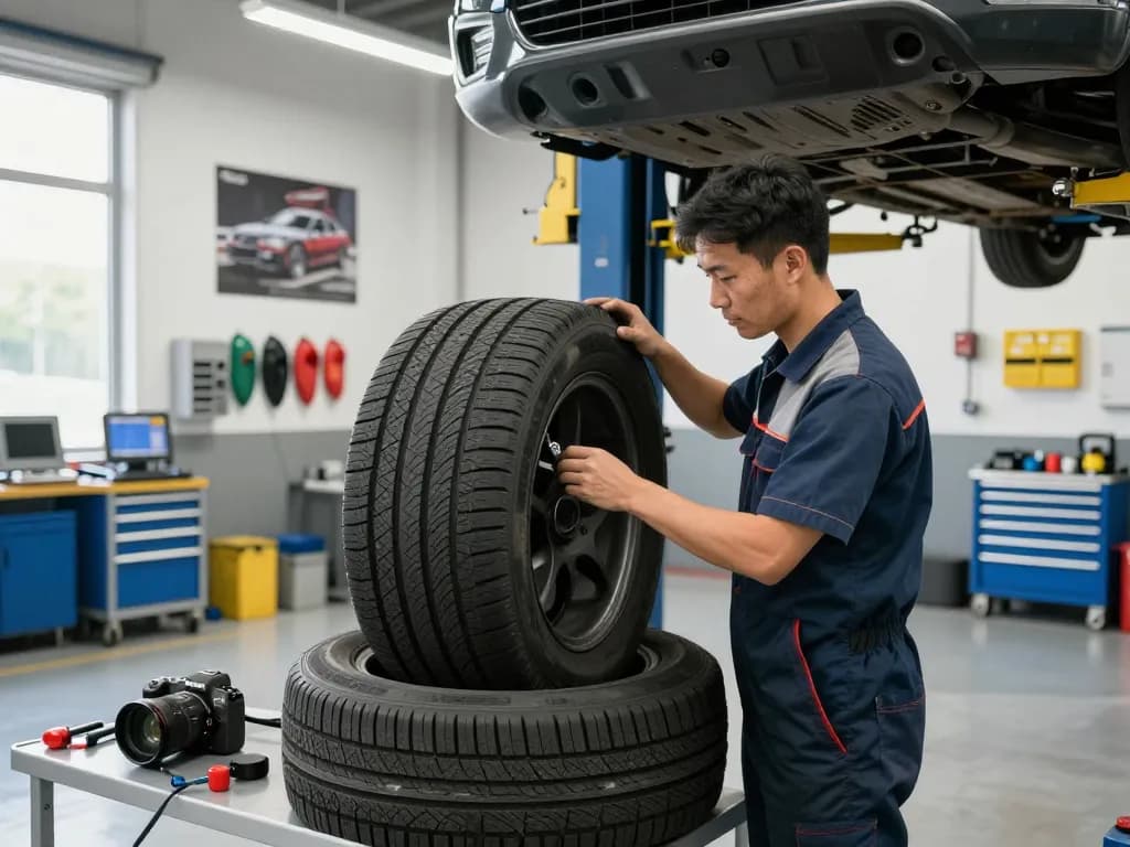 Inspecting a Double Coin RR99 tire in a professional automotive workshop setting.