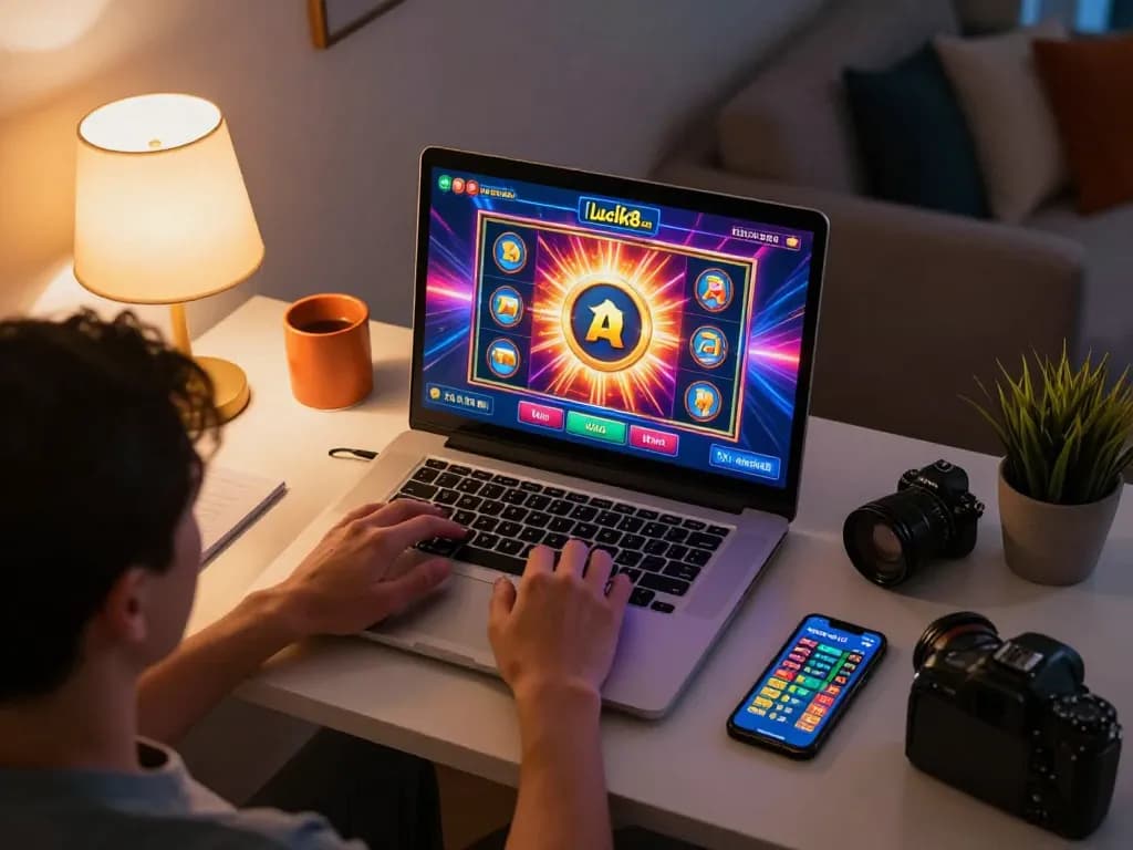 Playing exciting games on Luck8 com casino platform from home setup with vibrant visuals