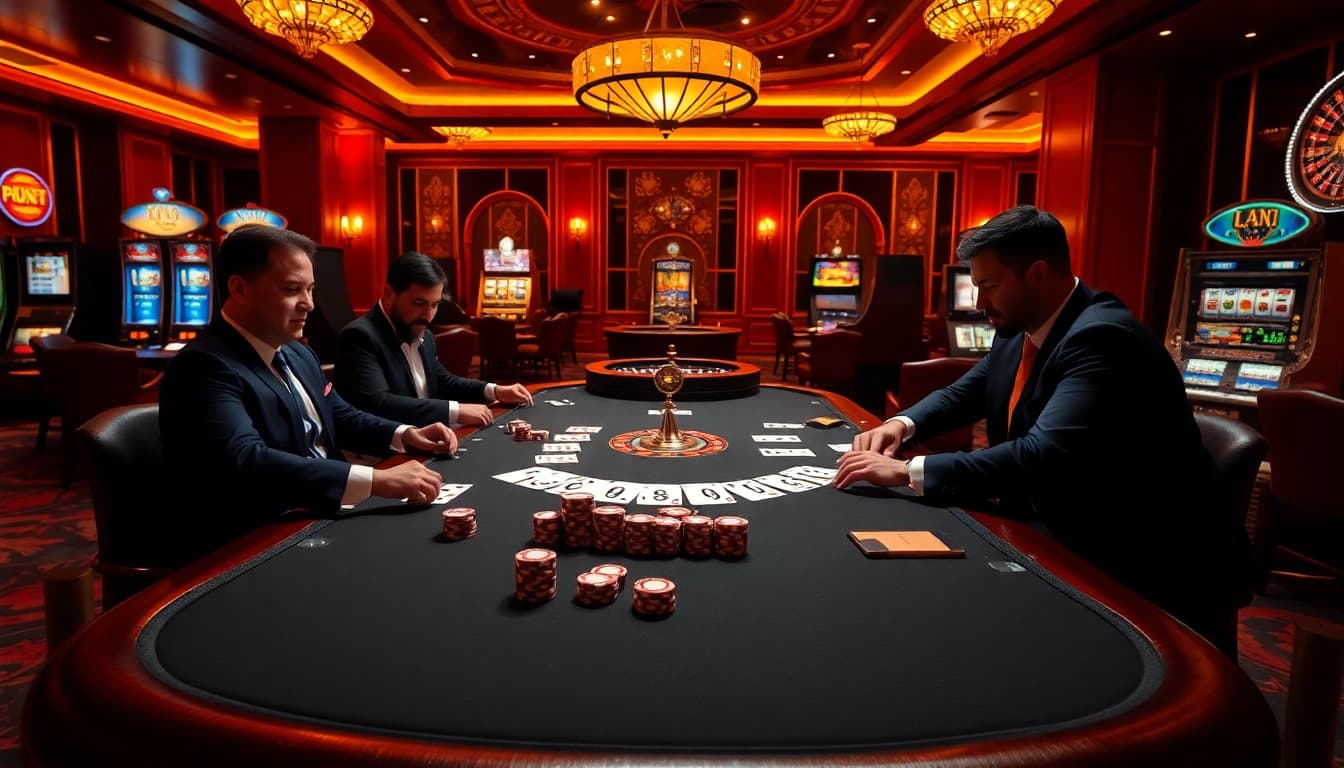 Skilled players strategizing at a poker table in an upscale casino with thabet.baby branding.