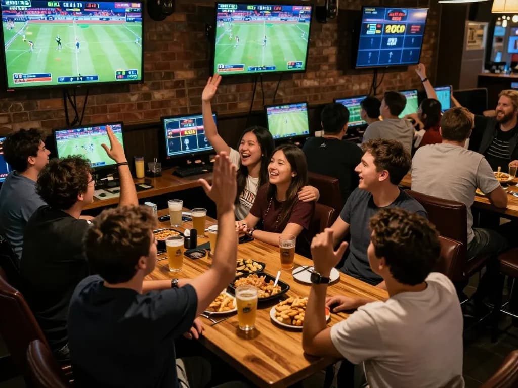 Excited bettors at a lively sports bar celebrating wins while using the 88clbgo betting app on their smartphones.