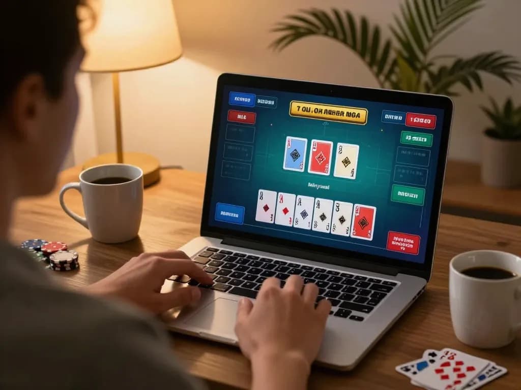 Engaging gameplay at qq88pro online casino, player focused on blackjack cards in warm home setting