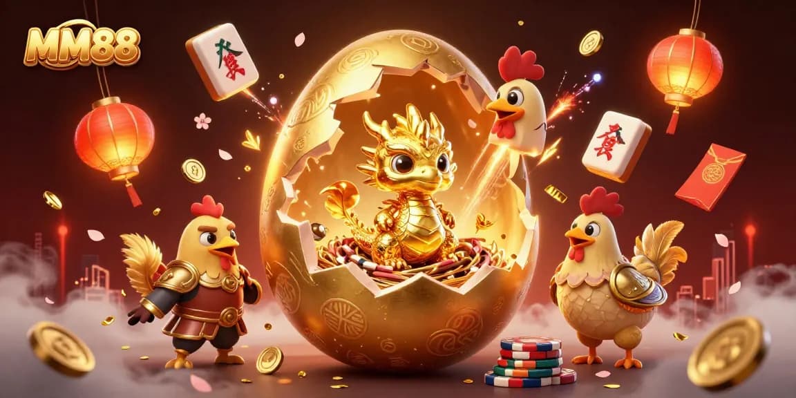 Win big with MM88 as a golden baby dragon guards poker chips and festive casino elements.