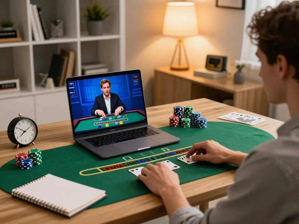 Play live dealer blackjack on F168 with a stylish home setup, focused on responsible gambling.