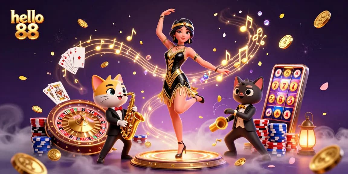Experience the thrilling action of hello 88 with a dazzling 3D casino scene featuring a dancing woman and a saxophone-playing cat.