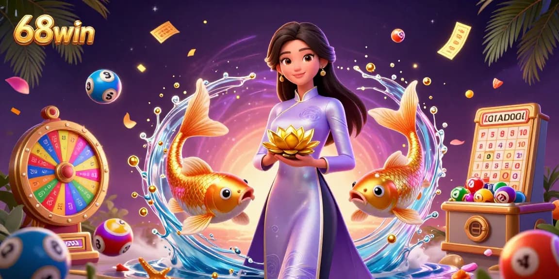 Experience the excitement of 68win with vibrant lottery balls and a stunning Asian woman in a captivating 3D casino scene.