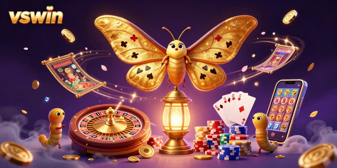 Join the excitement at VSWIN with vibrant casino scenes featuring a majestic moth and golden treasures.