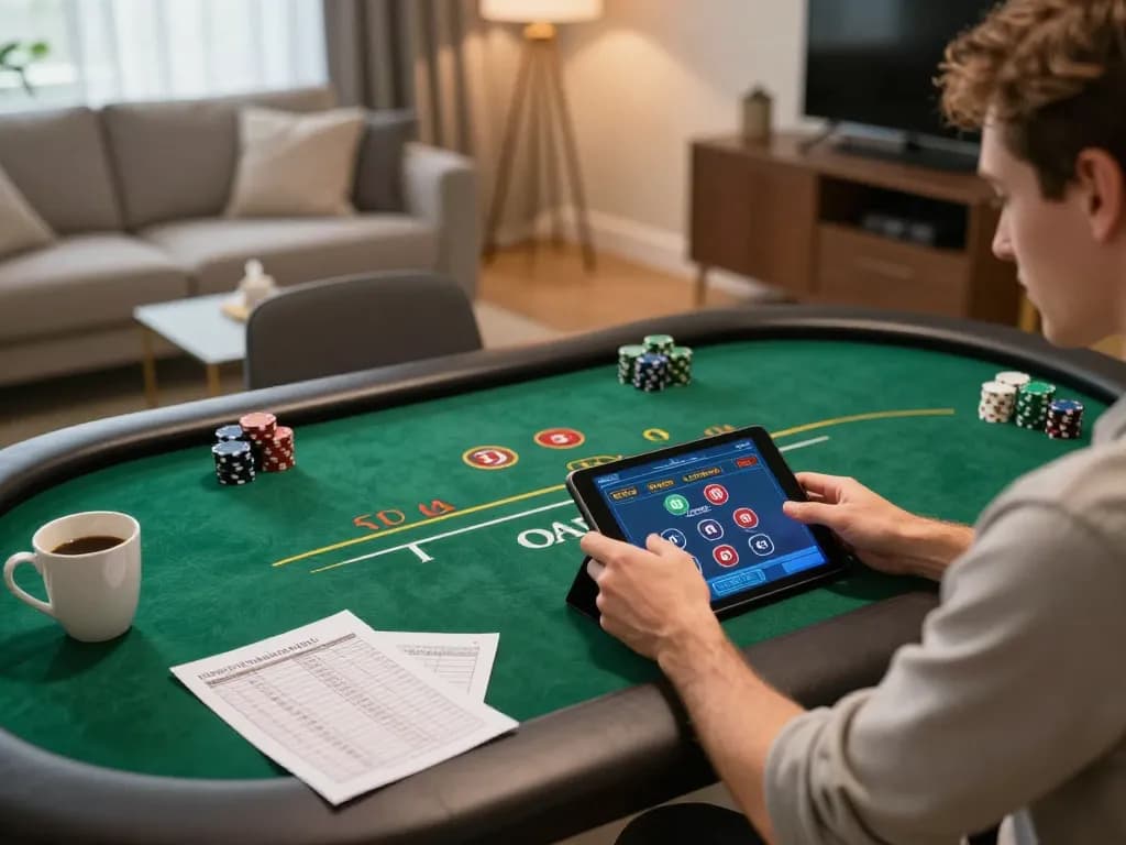 Engaging in poker strategy on king88 vina tablet in inviting home setting with coffee and notes.
