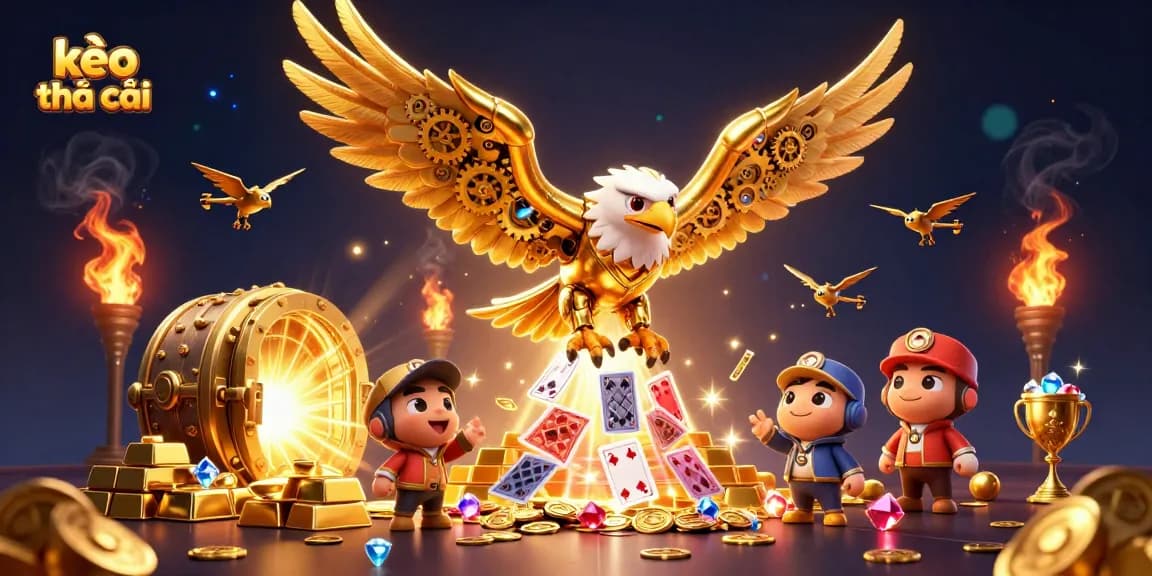 Experience the thrill of kèo nhà cái with a cybernetic eagle soaring through a treasure-filled casino world.