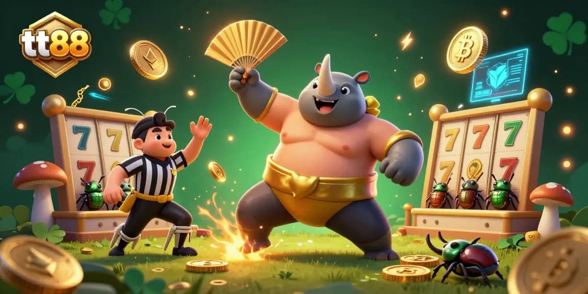 tt88's vibrant, dynamic gaming scene featuring a sumo beetle champion and crypto elements.