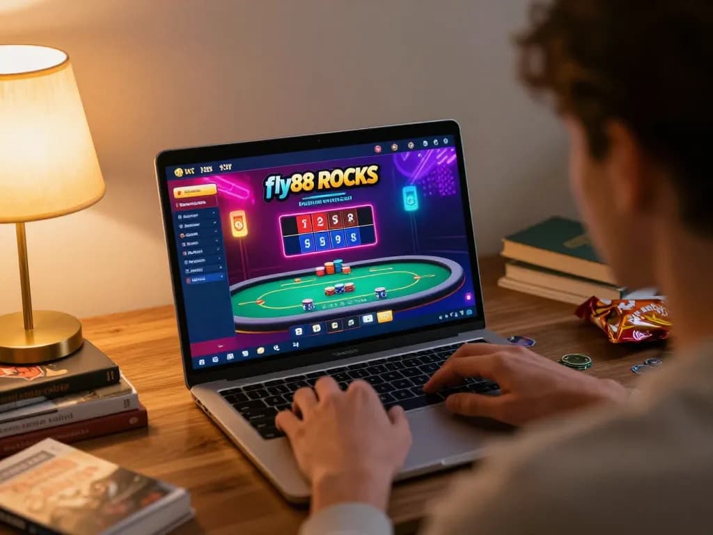Engaging online poker gameplay at home with fly88 rocks interface on screen.