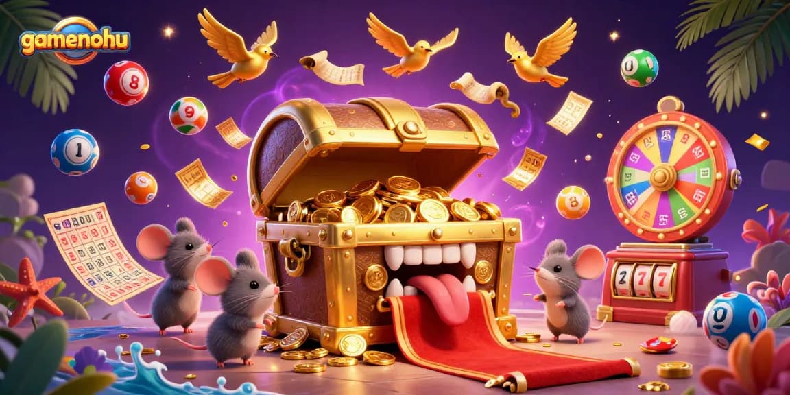 Engage with gamenohu's exciting jackpots as colorful lottery elements explode in a vibrant scene.