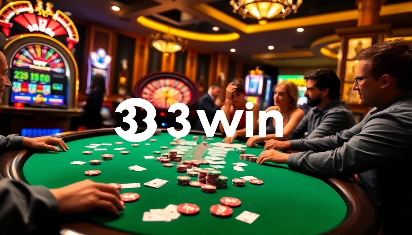 Experience thrilling poker action at 33win with vibrant chips and cards on a luxury table.