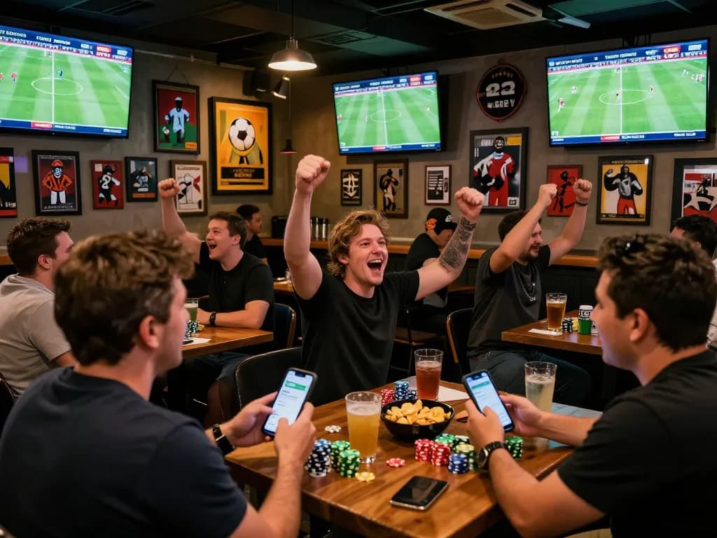 Fans engaged in sports betting with the tylekeonhacai88 app during a crucial football match