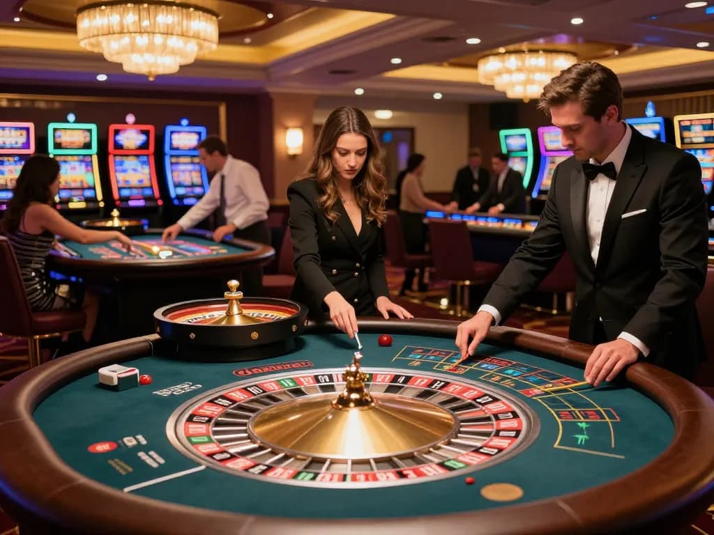 Players engaging in thrilling roulette gameplay at pg88 casino, vibrant atmosphere with distinct croupiers and players
