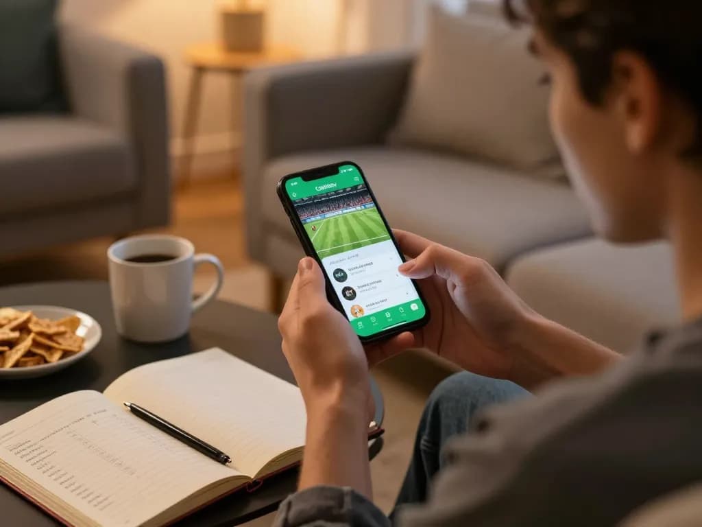 Cakhiatv user passionately watching live football on smartphone during a cozy home session.