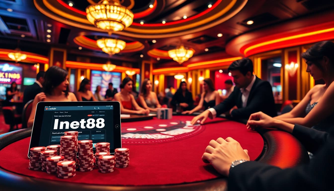 A thrilling scene at a poker table with players showcasing strategies, emphasizing the link net88 for online gambling.