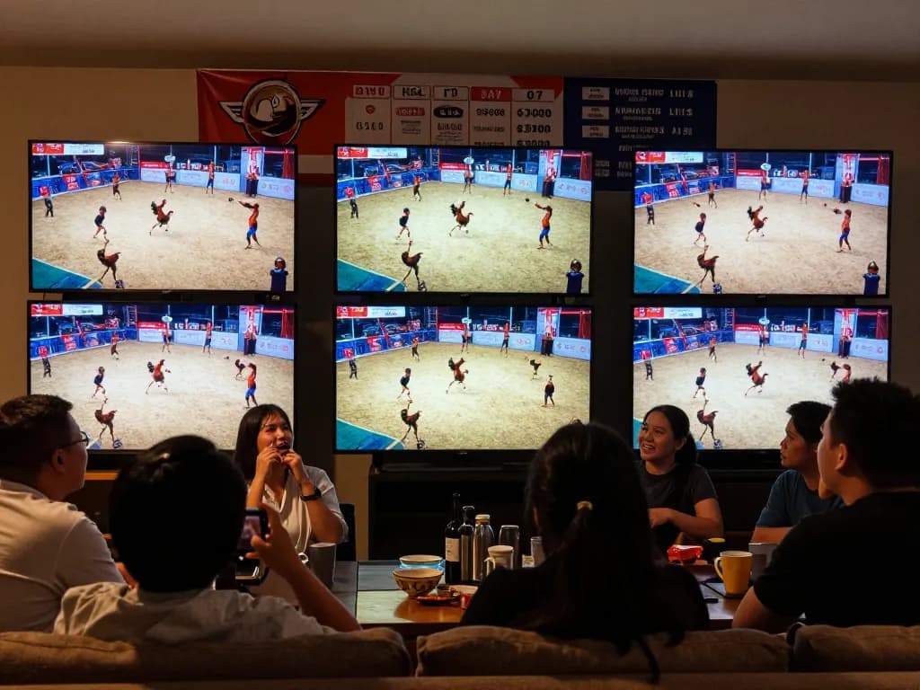 Tương tác với xem đá gà trực tiếp HD trong một phiên phát sóng trực tiếp đầy màu sắc, trưng bày nhiều màn hình và những người xem hào hứng.