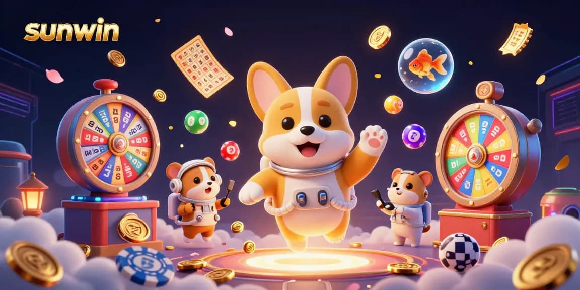 Experience sunwin’s vibrant gaming atmosphere with a playful cartoon scene full of drifting coins and lottery excitement.