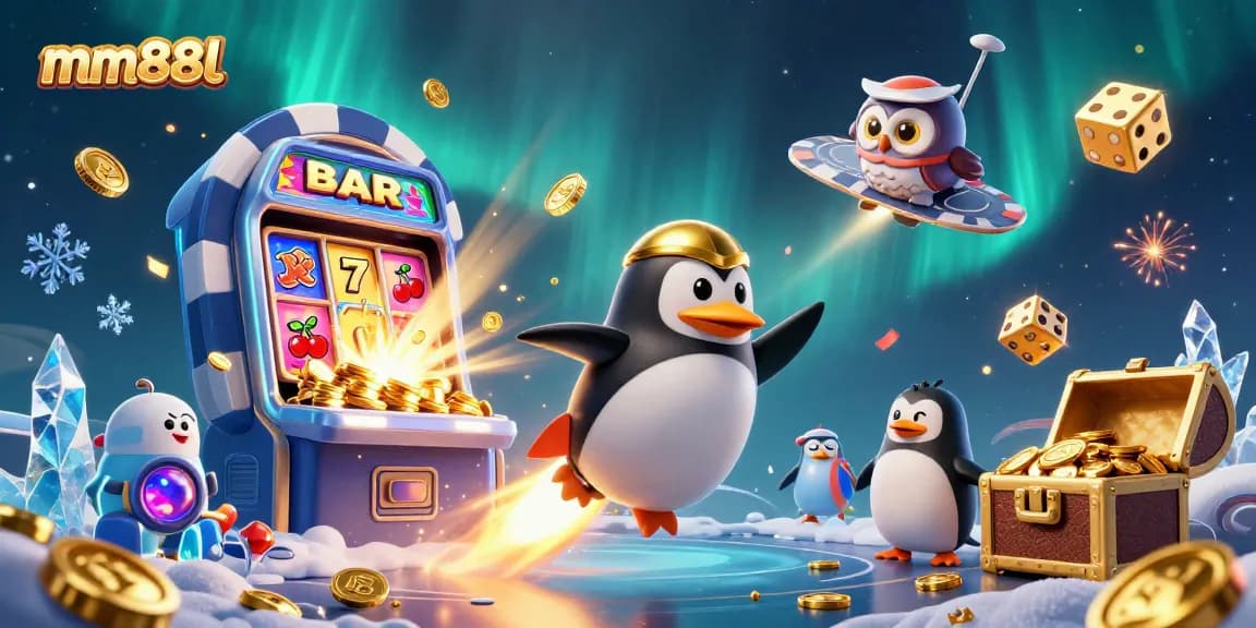 Engage with the thrilling mm88l casino experience, featuring a vibrant 3D penguin and slot machine action.